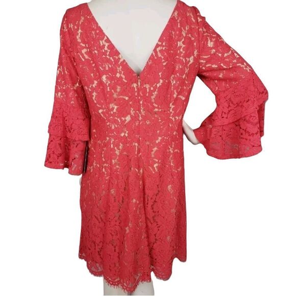 Eliza J Lace Overlay Bell Sleeve Dress Coral Sz 12 - Picture 4 of 6